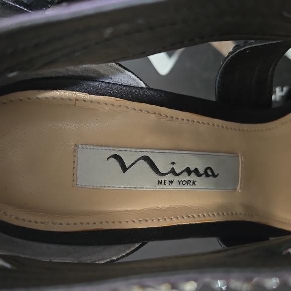 NINA FLAVOR - LS BLACK STEEL EMBELLISHED SATIN HIGH HEELS EVENING 6.5 W BOX - Picture 10 of 16